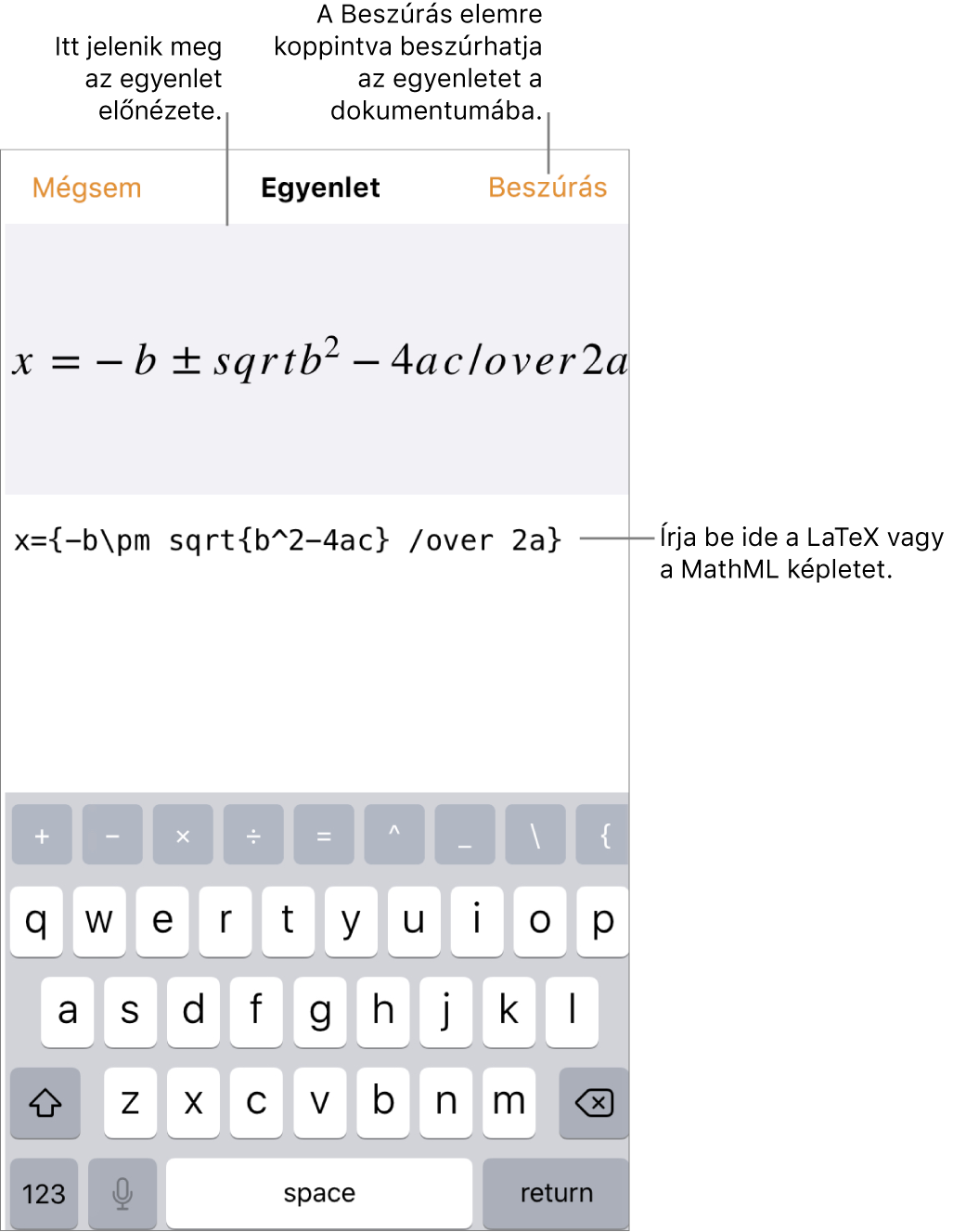 Az Egyenlet szerkesztése párbeszédpanel, amelyen a LaTeX-parancsok használatával írt másodfokú egyenlet megoldóképlete látható, felül pedig az egyenlet előnézete.