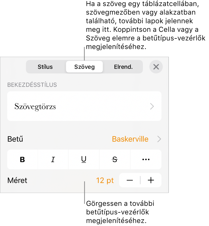 A Formátum menü szövegvezérlői a bekezdés és a karakterek stílusának, betűtípusának, méretének és színének beállításához.