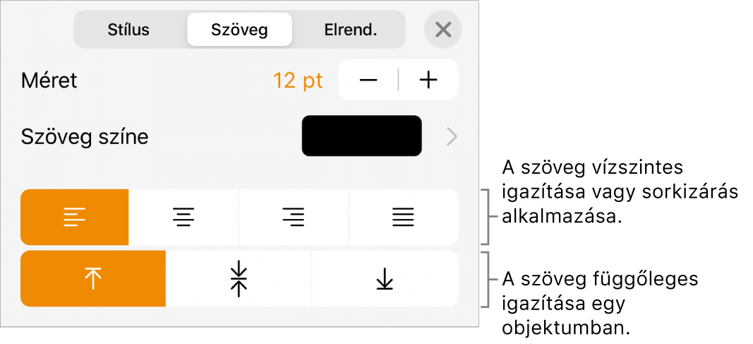 Az Elrendezés panel a szövegigazítási és térköz-beállítási gombokat ismertető feliratokkal.