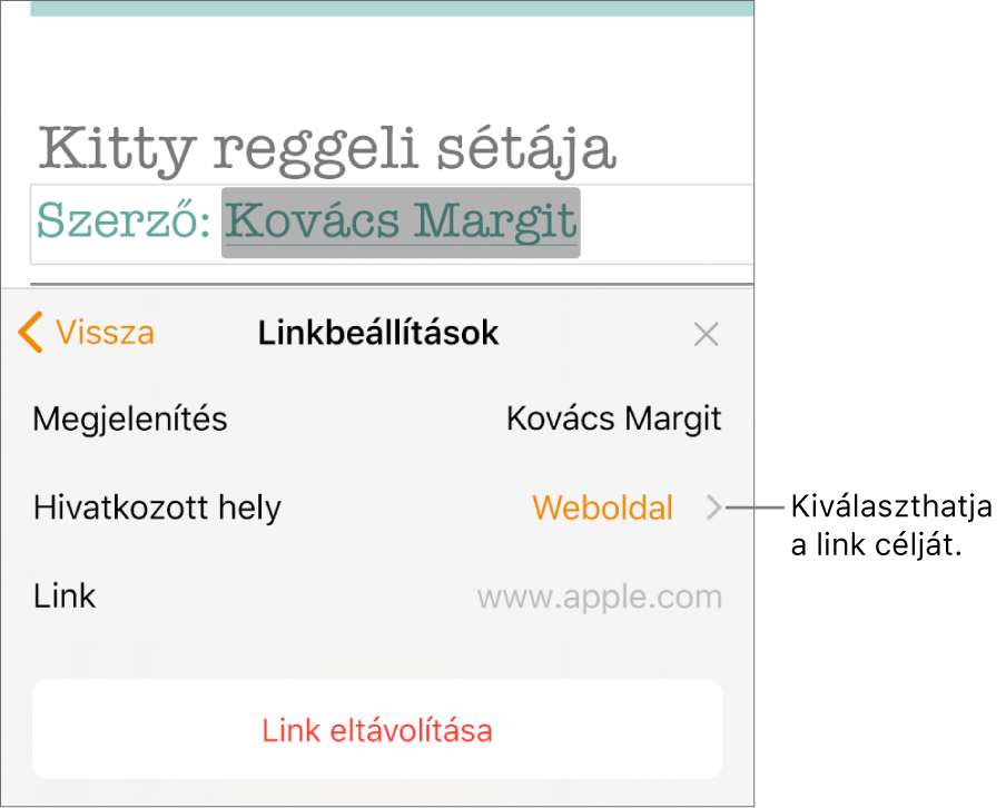 A Linkbeállítások vezérlők, a Megjelenítés, a Hivatkozott hely (webhely beállítással) és a Link mezővel. A Link eltávolítása gomb a vezérlők legalján található.