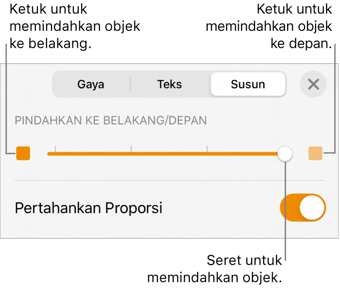 Tombol Pindahkan ke Belakang, tombol Pindahkan ke Depan, dan penggeser lapisan.