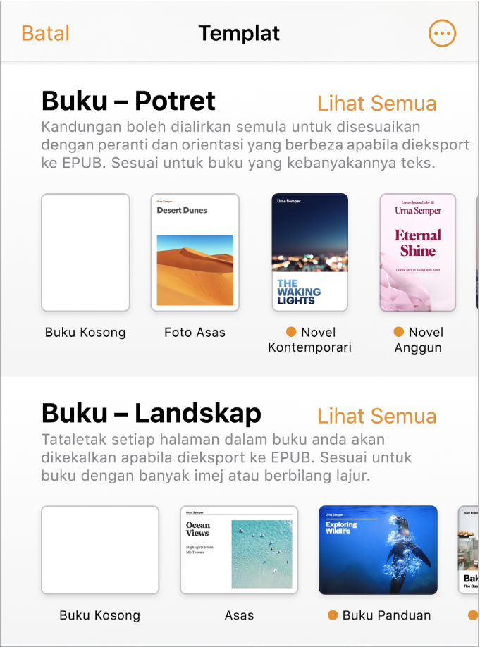 Pemilih templat dengan templat buku dalam orientasi potret di bahagian atas dan orientasi landskap di bahagian bawah.