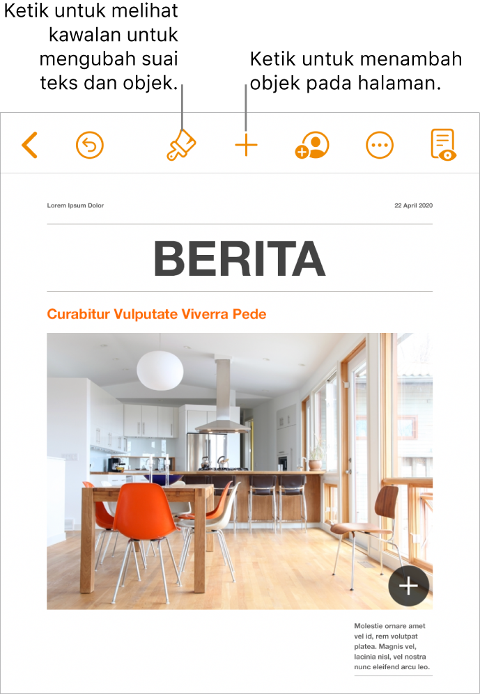 Dokumen Pages dengan butang dalam bar alat untuk membuka kawalan Format dan menambahkan objek.