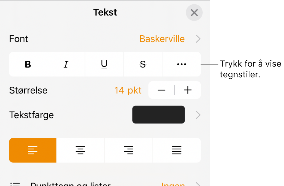 Format-kontrollene med Halvfet-, Kursiv-, Understreket-, Gjennomstreket- og Flere tekstvalg-knappene.