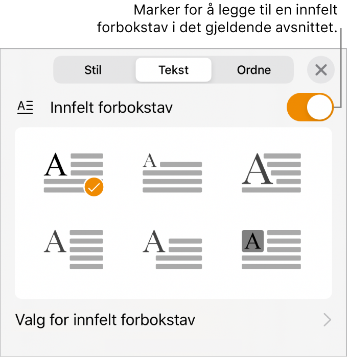 Innfelt forbokstav-kontrollene nederst i Tekst-menyen.