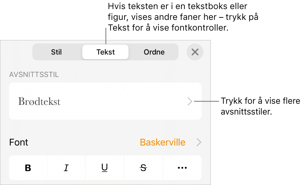 Format-menyen som viser tekstkontroller for å angi avsnitts- og tegnstiler, font, størrelse og farge.