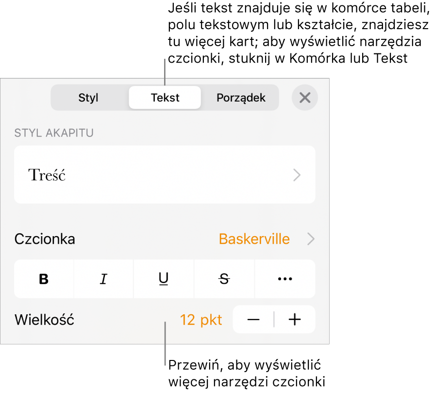 Narzędzia tekstów w menu Format służą do ustawiania stylów akapitu i znaków oraz czcionek ich wielkości i koloru.