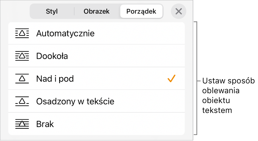 Narzędzia oblewania tekstem z ustawieniami: Automatyczne, Dookoła, Nad i pod, Osadzony w tekście oraz Brak.