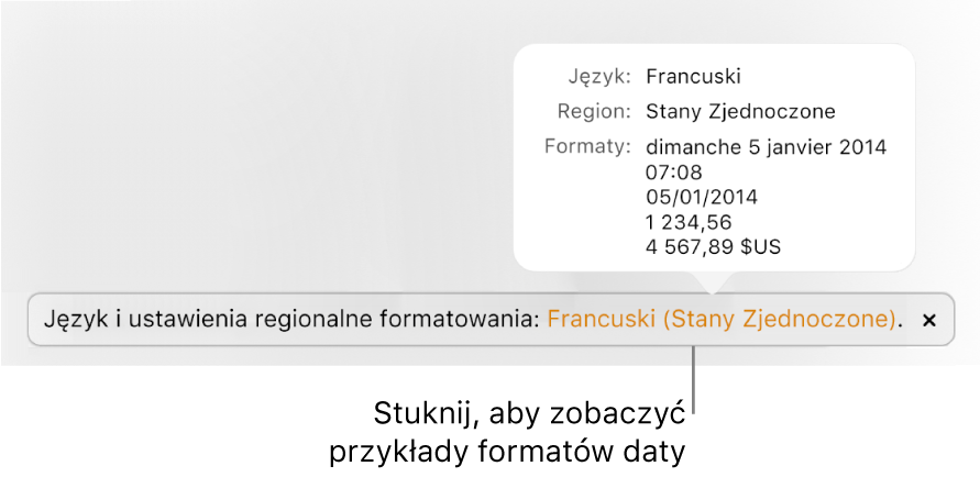 Powiadomienie o różnicy ustawień dotyczących języka i regionu, pokazujące przykłady formatowania używanego w wybranym języku i regionie.