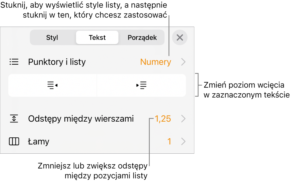 Narzędzia formatowania z opisem menu Punktory i listy oraz przycisków wcięcia i odstępów między wierszami.