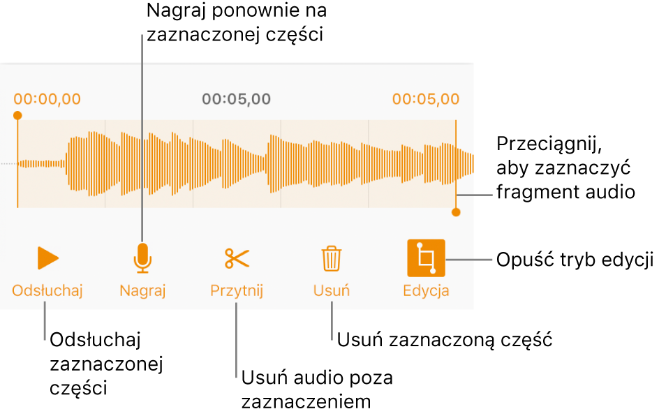 Narzędzia do edycji nagranego dźwięku. Uchwyty wskazują zaznaczoną sekcję nagrania. Poniżej widoczne są przyciski podglądu, nagrywania, przycinania, usuwania oraz trybu edycji.