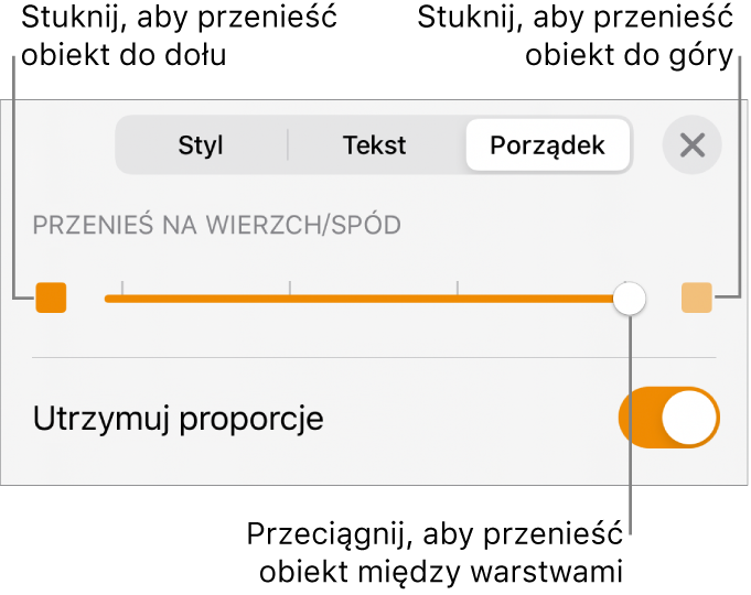 Przycisk przenoszenia niżej, przycisk przenoszenia wyżej i suwak warstw.