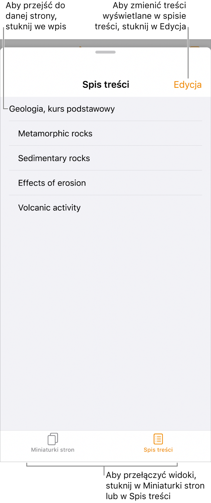 Widok spisu treści zawierający listę nagłówków. W prawym górnym rogu widoczny jest przycisk Edycja. Na dole znajdują się przyciski Miniaturki stron oraz Spis treści.