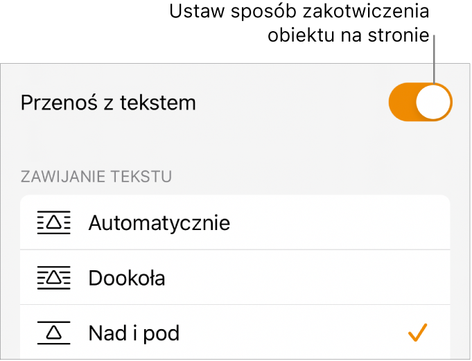 Narzędzia porządkowania: Przenieś na wierzch/spód, Przenoś z tekstem i Oblewanie tekstem.