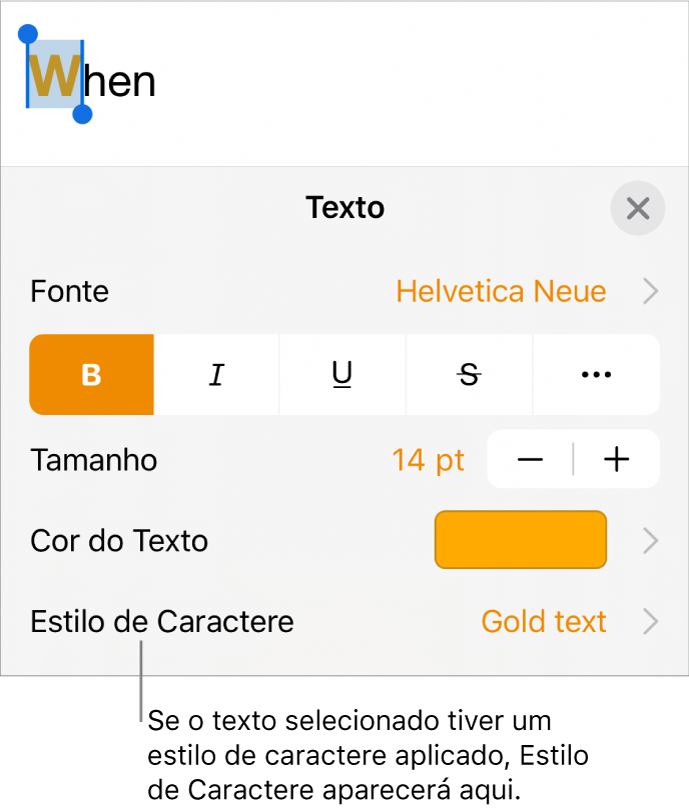 Os controles de formatação de texto com “Estilo de Caractere” abaixo dos controles de cor. O estilo de caractere Nenhum aparece com um asterisco.