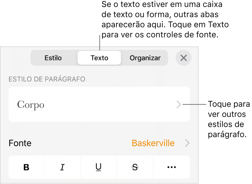 O menu Formatar, mostrando controles de texto para definir estilo, fonte, tamanho e cor de caractere e parágrafo.