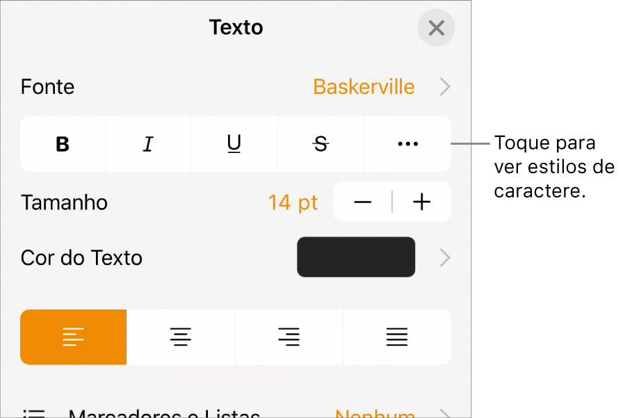 Controles Formatar com os botões Negrito, Itálico, Sublinhado, Tachado e “Mais opções de texto”.