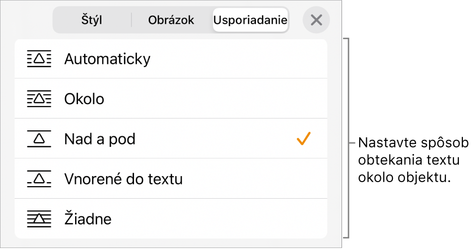 Ovládacie prvky Obtekanie textu s možnosťami Automatické, Dookola, Nad a pod, Vnorené do textu a Žiadne.