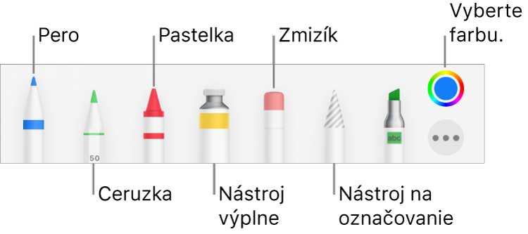 Panel s nástrojmi kreslenia s perom, ceruzkou, pastelkou, výplňou, zmizíkom, nástrojom výberu a vzorkovníkom farieb zobrazujúcim aktuálnu farbu.