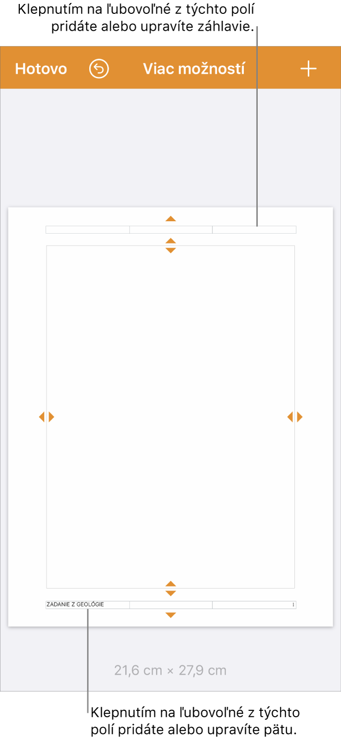 Zobrazenie Ďalšie možnosti s tromi poľami v hornej časti dokumentu pre hlavičky a tromi poľami v dolnej časti pre päty.