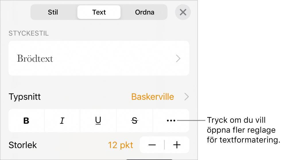 Fliken Text i formatreglagen, med en linje som pekar på knappen Fler textalternativ.