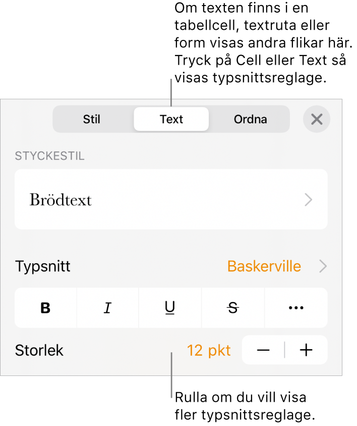 Textreglage i menyn Format för att ställa in stycke- och teckenstilar, typsnitt, storlek och färg.