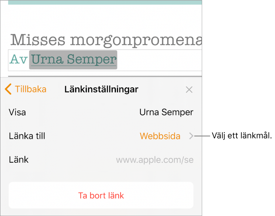 Reglage för länkinställningar med fältet Visa, Länka till (inställt på Webbsida) och fältet Länk. Längst ned bland reglagen finns knappen Ta bort länk.