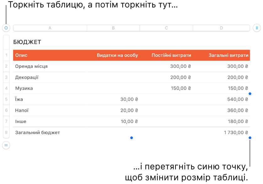 Вибрана таблиця із синіми точками, які призначені для редагування розміру.
