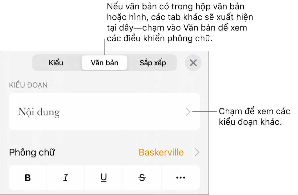 Menu Định dạng đang hiển thị các điều khiển văn bản để đặt kiểu, phông chữ, kích cỡ và màu của đoạn và ký tự.