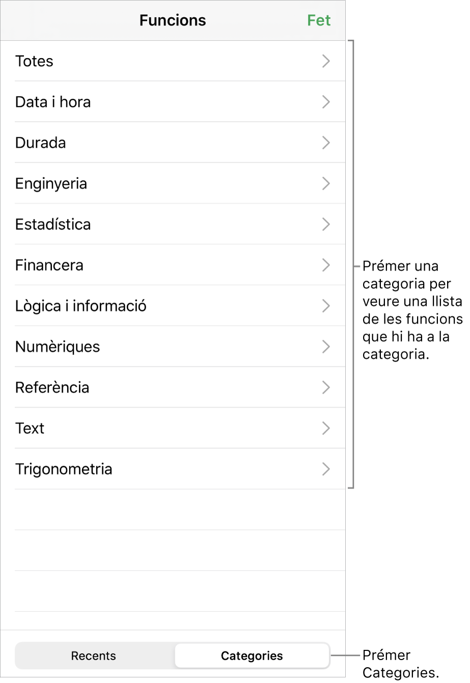 Explorador de funcions amb una crida al botó Categories i la llista de categories.