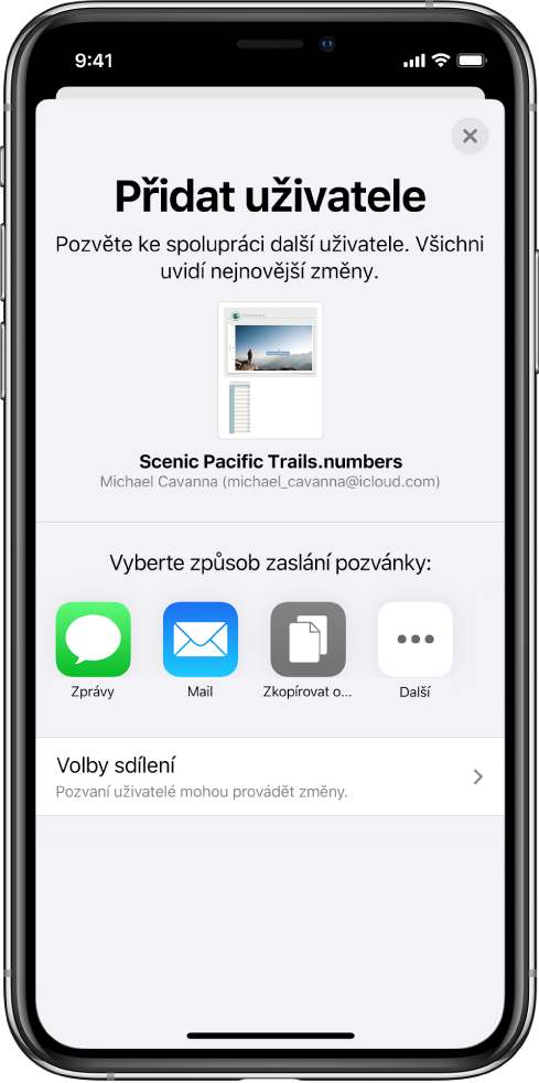 Obrazovka Přidat uživatele s obrázkem tabulky určené ke sdílení. Pod ním se nacházejí tlačítka pro různé způsoby odeslání pozvánky – Zprávy a Mail, Zkopírovat odkaz a Více. Dole je umístěné tlačítko Volby sdílení.