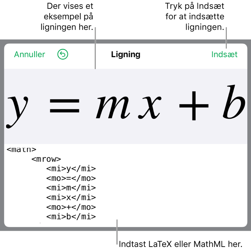 MathML-koden til ligningen til en linjes stigning og derover et eksempel på formlen.