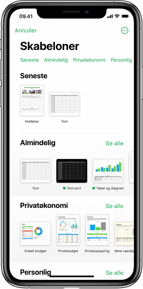 Skabelonvælgeren, der viser en række kategorier langs toppen, som du kan trykke på for at filtrere mulighederne. Derunder vises miniaturer af færdige skabeloner opstillet i rækker efter kategori med Seneste øverst efterfulgt af Almindelig og Privatøkonomi. Knappen Se alle vises ovenover og til højre for hver kategorirække. Knappen Sprog & område ses i øverste højre hjørne.