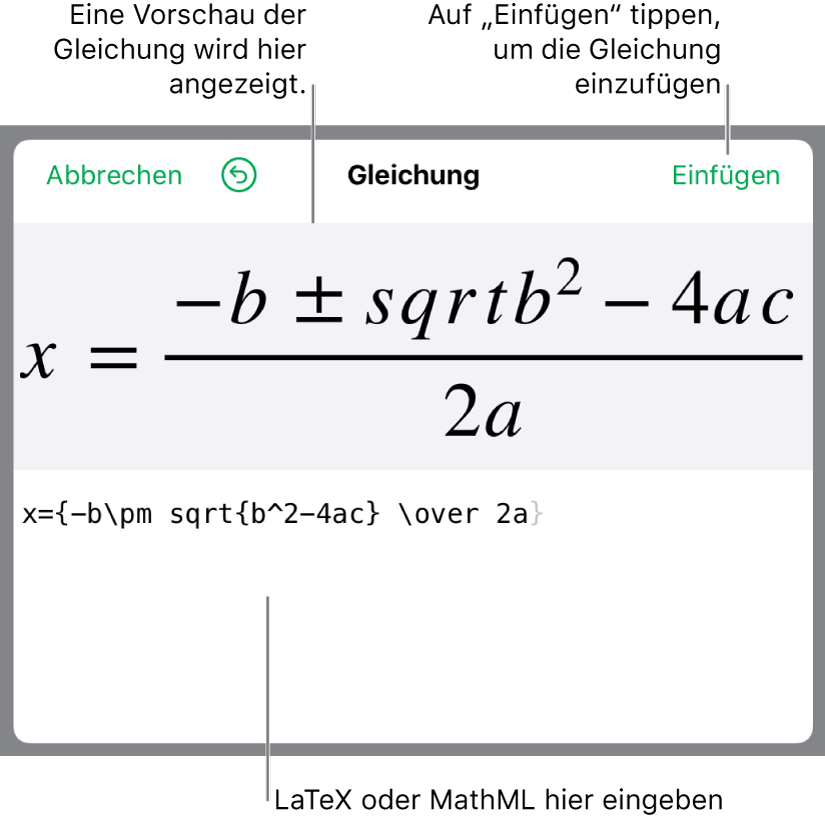 Die quadratische Formel, die mit LaTeX in das Feld „Gleichung“ geschrieben wurde, und einer Vorschau der Formel darunter.