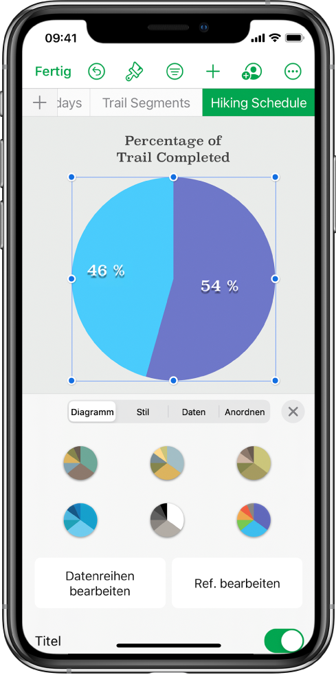 Dieses Kreisdiagramm zeigt, wie viel Prozent der Routen bereits vollständig sind. Das Menü „Format“ ist ebenfalls geöffnet und zeigt die verschiedenen Diagrammtypen, die zur Auswahl stehen, sowie Optionen zum Bearbeiten der Datenreihen oder Diagrammreferenzen, zum Aktivieren oder Deaktivieren der Diagrammtitel oder Beschriftungen, zum Anpassen des Rotationswinkels des Diagramms und zum Ändern des Diagrammtyps.