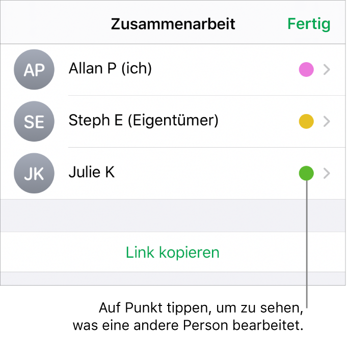 Die Teilnehmerliste mit drei Teilnehmern und einem jeweils andersfarbigen Punkt rechts neben jedem Namen.