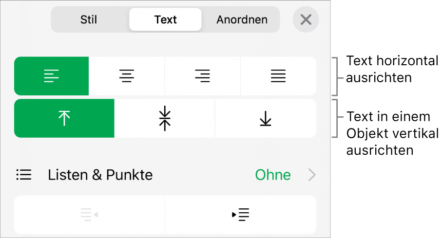 Der Abschnitt „Layout“ im Informationsfenster „Format“ mit Bezugslinien zu den Ausrichtungstasten und zu den Abstandstasten für Text.