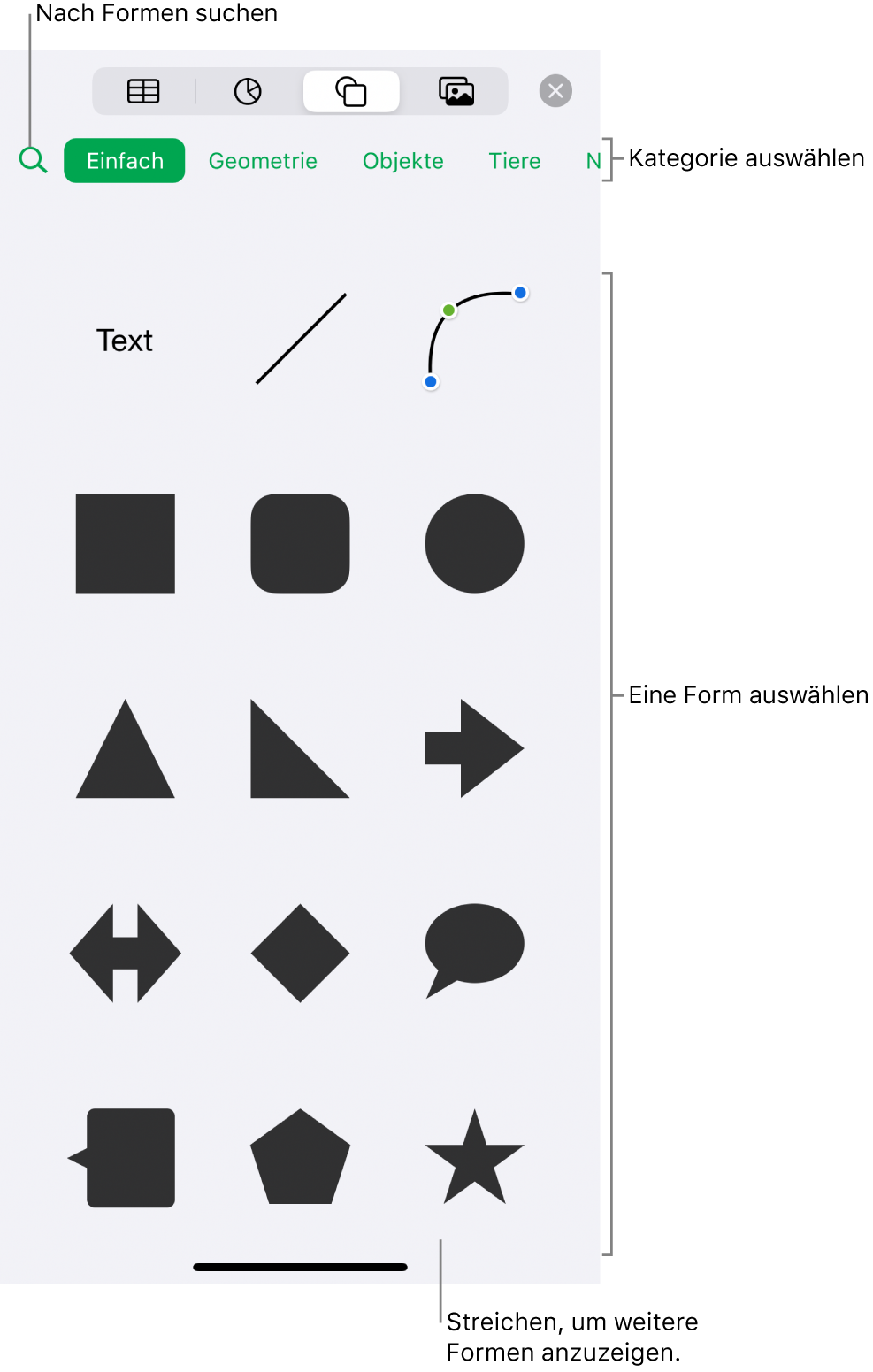 Die Formensammlung mit Kategorien oben und darunter angezeigten Formen. Du kannst das oben angezeigte Suchfeld verwenden, um Formen zu finden. Durch Streichen kannst du weitere Formen anzeigen.