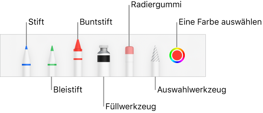 Die Zeichen-Symbolleiste mit Werkzeugen wie Stift, Bleistift, Buntstift, Füllwerkzeug, Radiergummiwerkzeug, Auswahlwerkzeug und Farbfeld mit der aktuellen Farbe Unter dem Farbfeld befindet sich die Taste „Mehr“.