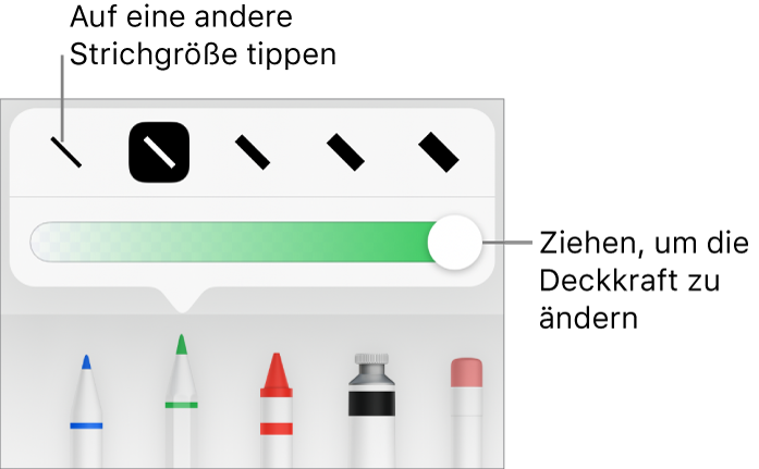 Steuerelemente zum Auswählen einer Strichstärke und ein Schieberegler zum Anpassen der Deckkraft