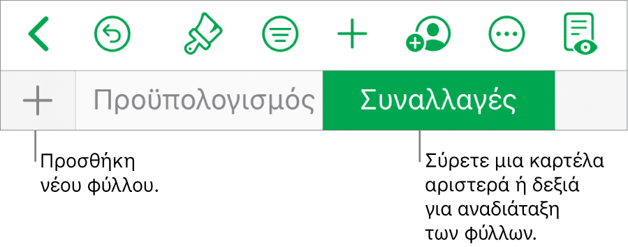 Η γραμμή καρτελών για προσθήκη νέου φύλλου, πλοήγηση, αναδιάταξη και αναδιοργάνωση φύλλων.