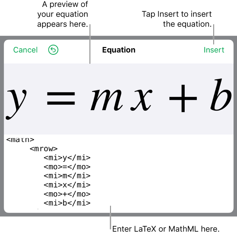 MathML code for the equation for the slope of a line and a preview of the formula above.