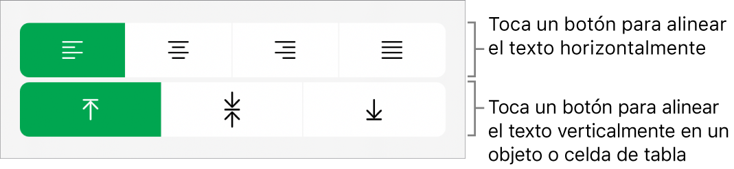Botones de alineación horizontal y vertical para el texto.