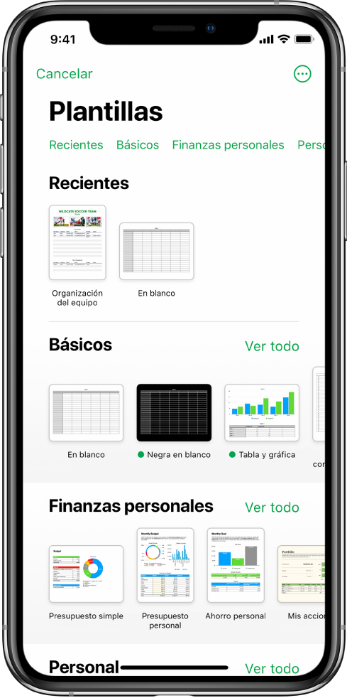 El selector de plantilla muestra una fila de categorías a lo largo de la parte superior en las que puedes tocar para filtrar las opciones. En la parte inferior, organizadas en filas por categoría, aparecen miniaturas de las plantillas prediseñadas, comenzando con la categoría Recientes en la parte superior, seguida por las categorías Básicas y Finanzas personales. En la parte superior derecha de cada fila de categoría aparece un botón Ver todo. El botón “Idioma y región” se encuentra en la esquina superior derecha.