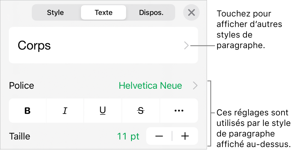 Menu Format montrant les commandes de texte permettant de définir les styles, la police, la taille et la couleur des paragraphes et des caractères.