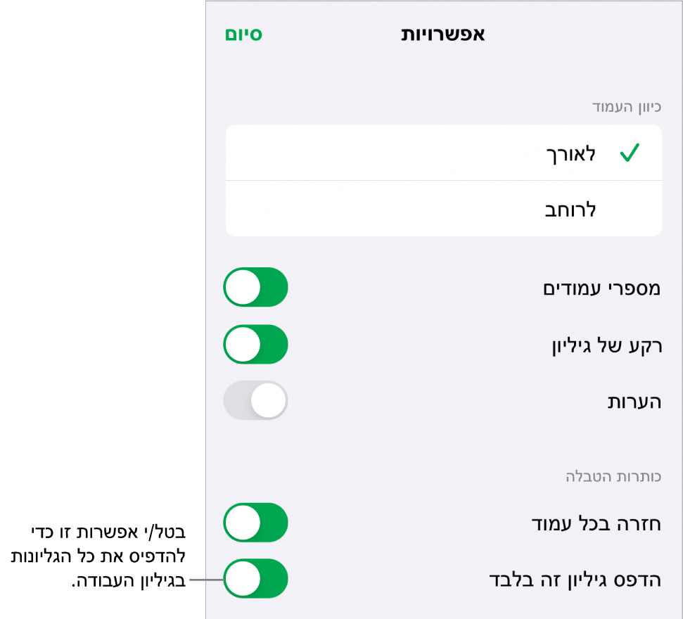 אפשרויות הדפסה לבחירת כיוון העמוד, להצגת מספרי עמודים וכותרות עליונות ולבחירת גודל הנייר והעמודים שיודפסו.