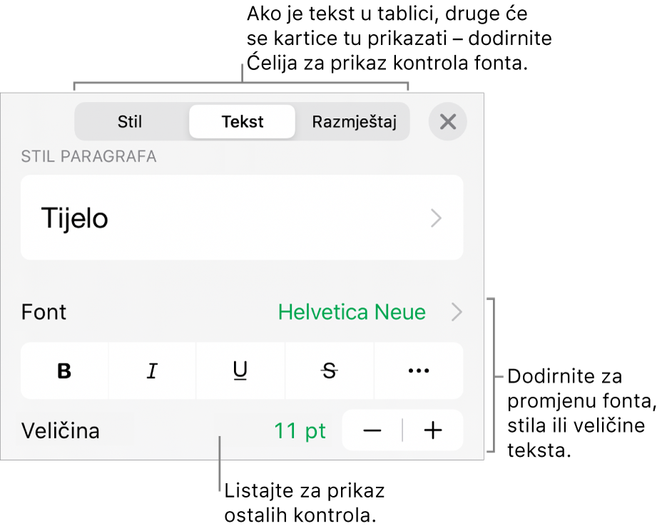 Kontrole teksta u izborniku Format za postavljanje paragrafa i stilova paragrafa, fonta, veličine i boje.