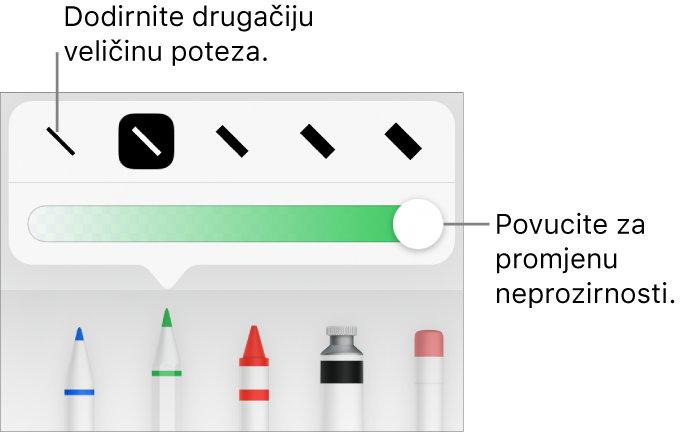 Kontrole za odabir veličine poteza i kliznik za prilagodbu neprozirnosti.