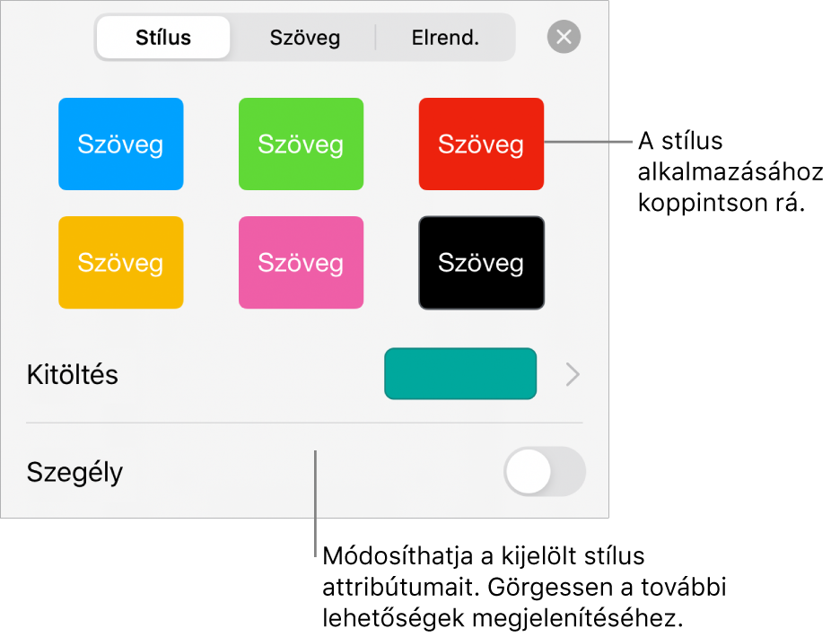 A Formátum menü Stílus lapja, felül az alakzatstílusokkal, alattuk pedig egy kitöltési színrekesszel.