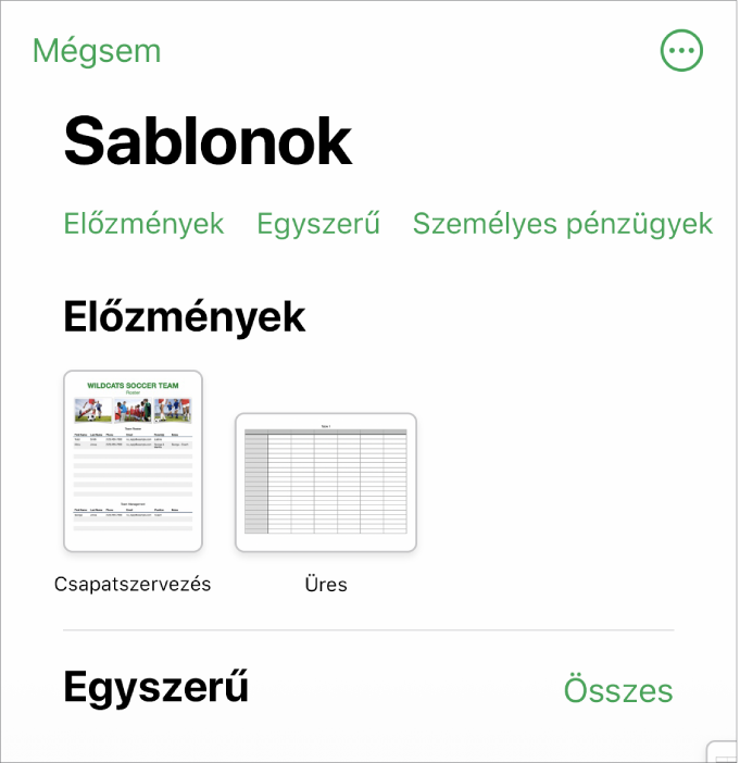 A sablonválasztó, a kategóriák sorával a felső részén, ahonnan a szűrési feltételek választhatók ki. Alatta a kategóriák alapján sorokba rendezett előre elkészített sablonok bélyegképei láthatók. Elsőként az Előzmények kategória látható, melyet az Egyszerű kategória követ. Minden egyes sor jobb oldalán egy Összes megtekintése gomb látható. A Nyelv és régió gomb a jobb felső sarokban látható.